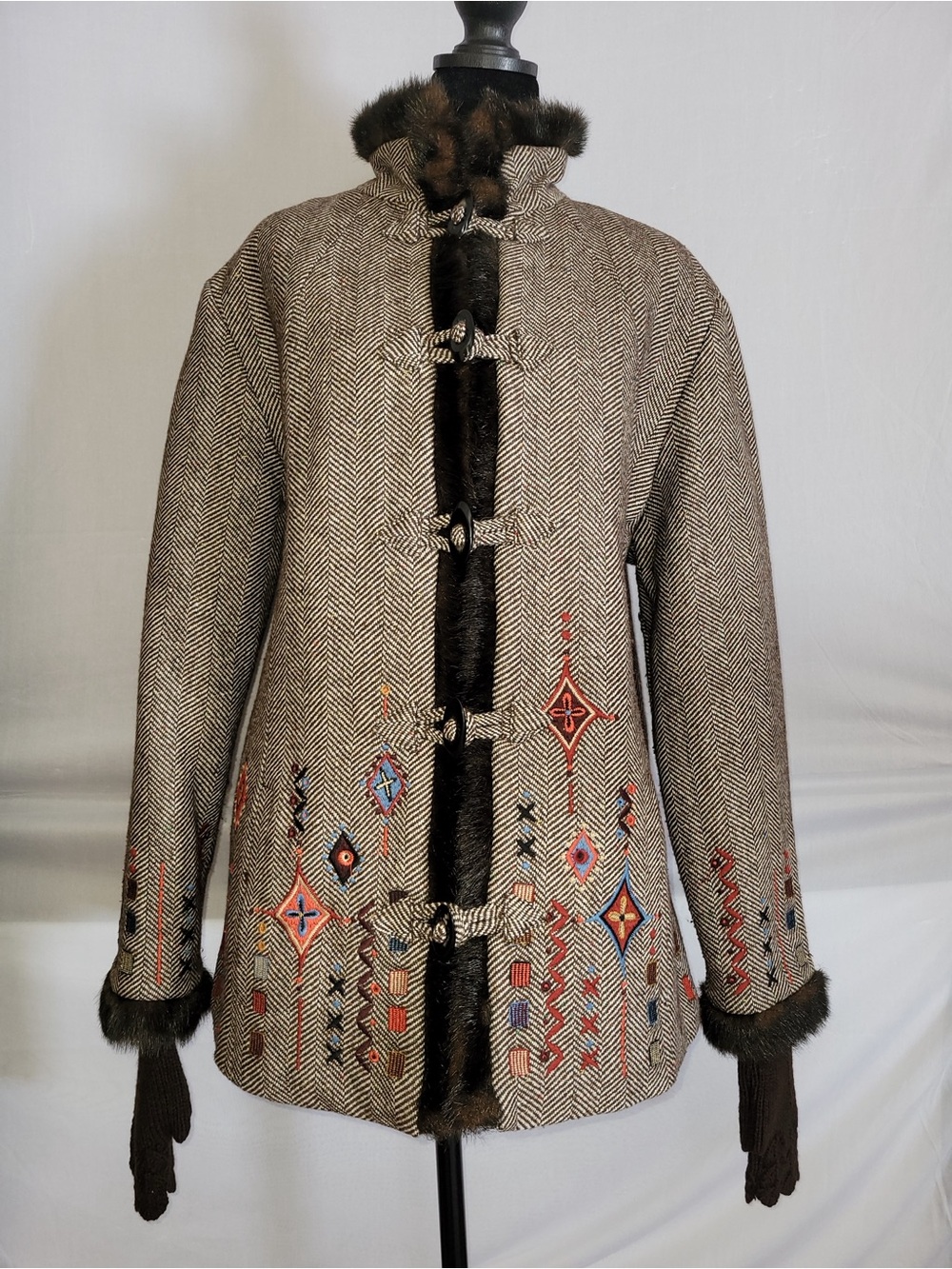 Vintage Icelandic: Embroidered Herringbone Toggle Coat with Fur Trim - Brown